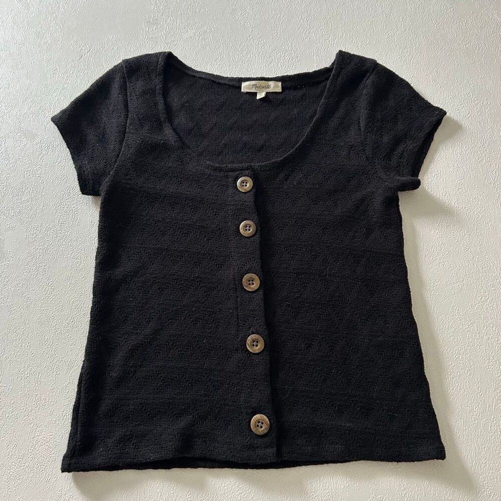 Madewell Black Textured Button Front Knit Top Size XS | Minimalist Wardrobe Stap